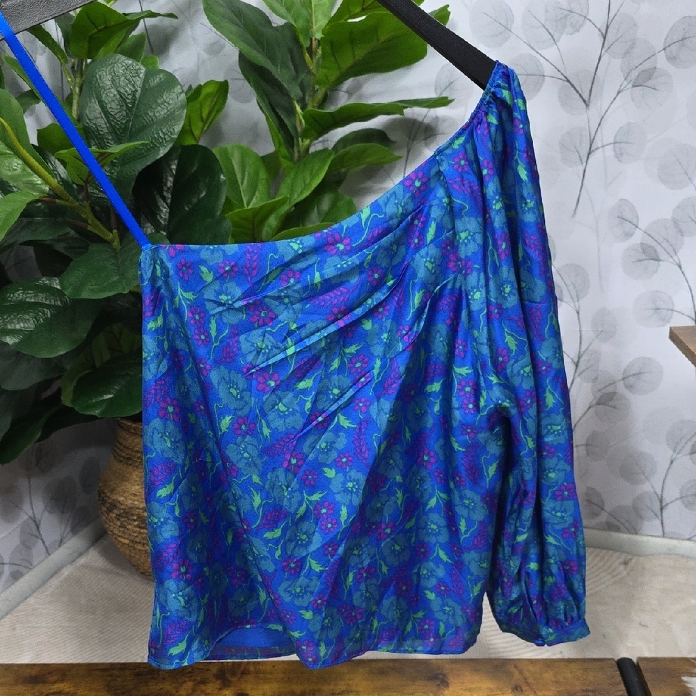 Veronica Beard Lyric One-Shoulder Silk Top in Cobalt Multi - Picture 10 of 10